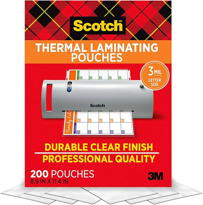 Scotch Thermal Laminating Pouches, 200 Pack Laminating Sheets, 3 Mil, 8.9 x 11.4 Inches, Holiday & Craft Supplies, For Use With Thermal Laminators, Letter Size Sheets