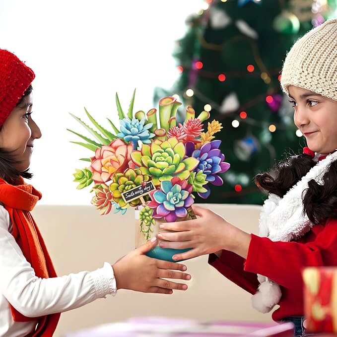 Pop Up Flowers Cards, Paper Flowers Bouquet 3D Popup Greeting Cards with Blank Note Card and Envelope for Birthday, Easter Cards, Anniversary, for Women Lover,12'' Succulent Planters