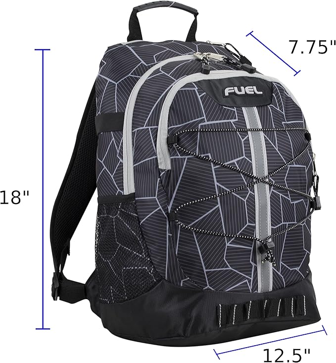 FUEL Hiking Backpack for Women Men Terra Sport, Travel, College, Gym, Work with Laptop Sleeve, Bungee, 18 Inches, Black Geometric