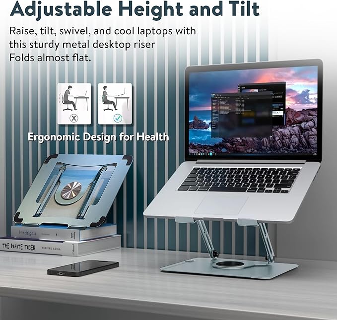 Swivel Laptop Stand for Desk, Adjustable Laptop Stand for Desk w/ 360° Rotation, Raise Tilt Cools Laptop with This Ergonomic Laptop Stand Riser, Collapsible iPad Computer Laptop Stand (Ocean Blue)