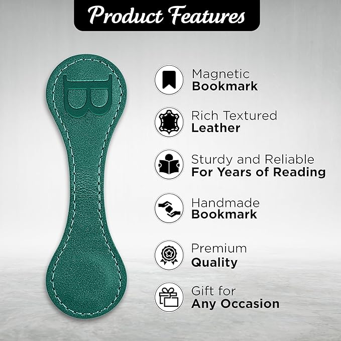 Personalized Leather Magnetic Bookmarks (1 Pack) Vintage Custom Engraved Initial ID Identification Book Marker Clip Gift for Book Lover Avid Readers (Letter B, Green)