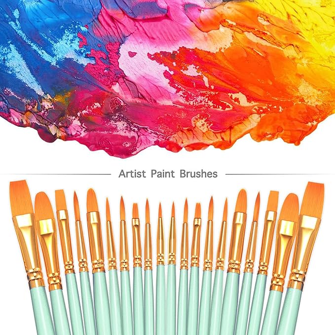 BOSOBO Paint Brushes Set, 6 Pack 60 Pcs Round Pointed Tip Paintbrushes Nylon Hair Artist Acrylic Paint Brushes for Acrylic Oil Watercolor, Face Nail Art, Miniature Detailing & Rock Painting, Green