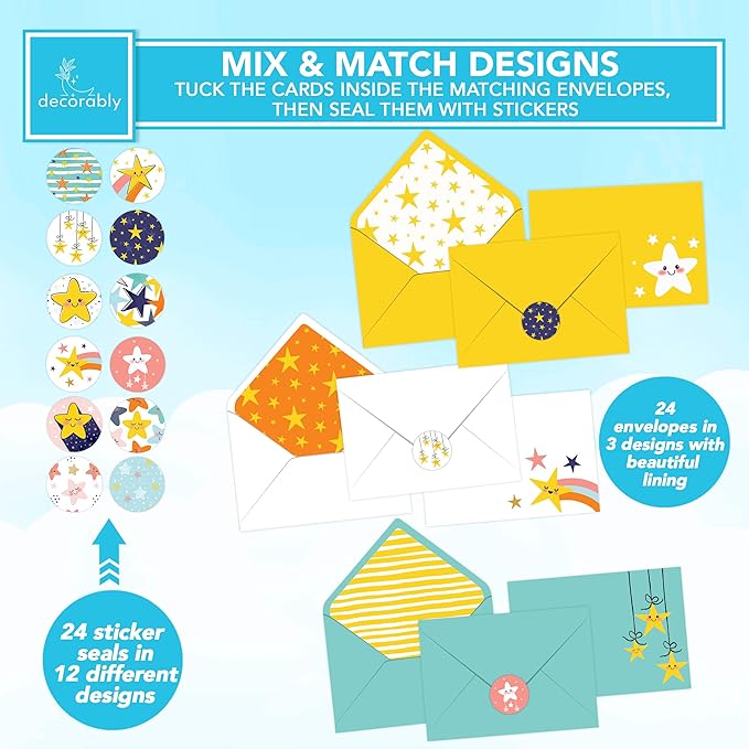 Decorably 24 Pack 4x6in Star Notecards with Envelopes and Stickers, 12 Charming Designs Star Cards, Blank Inside - Kid's Party, Birthday