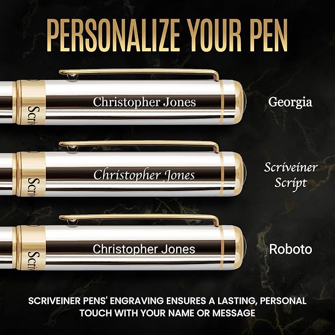 Scriveiner Personalized Silver Chrome Ballpoint Pen - Stunning Luxury Pen, 24K Gold Finish, Schmidt Ink Refill, Best Engraved Ball Point Gift Set for Men & Women, Custom Name Engraving