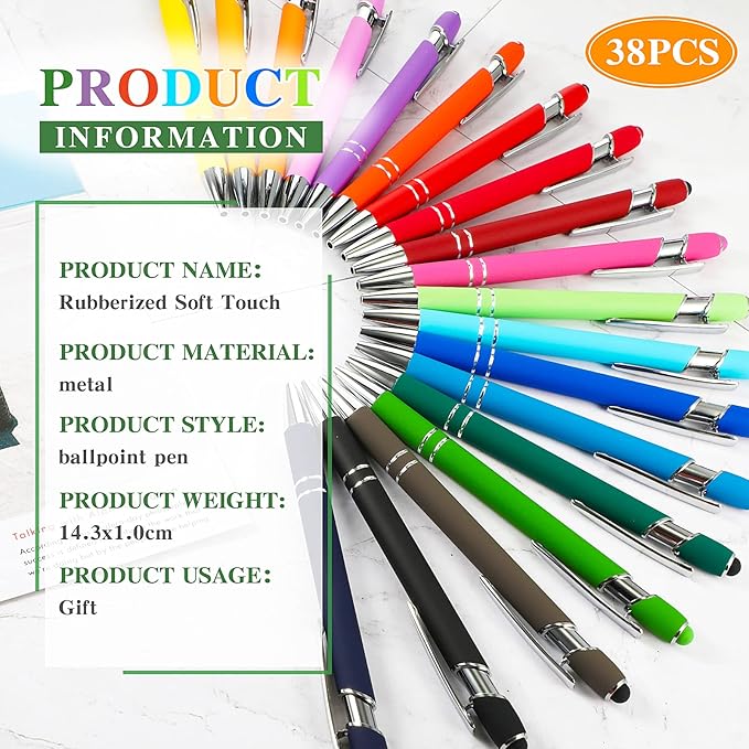 Zonon 38 Pieces Rubberized Ballpoint Pen with Stylus Tip Stylish Metal Pen Capactive Styli with Soft Rubberized Grip, Black Ink for Most Devices(Assorted Colors)