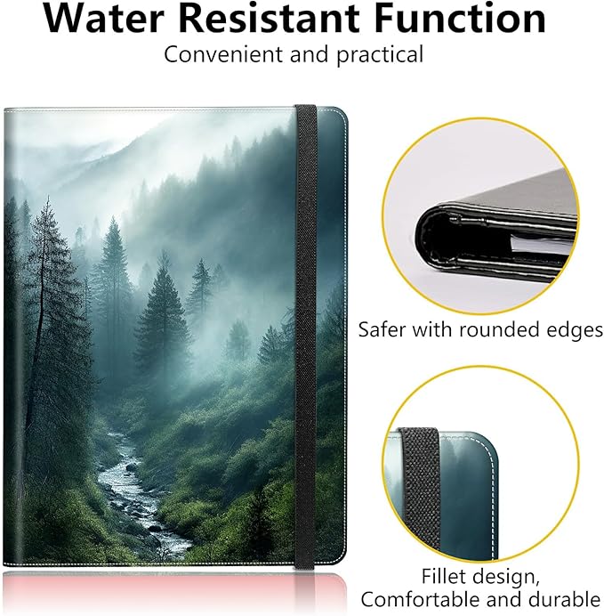 Forest in Rain PU Leather Padfolio Clipboard Notepad with Pen Loop and Elastic Strap Interview/Resume Document Organizer for Business School Office