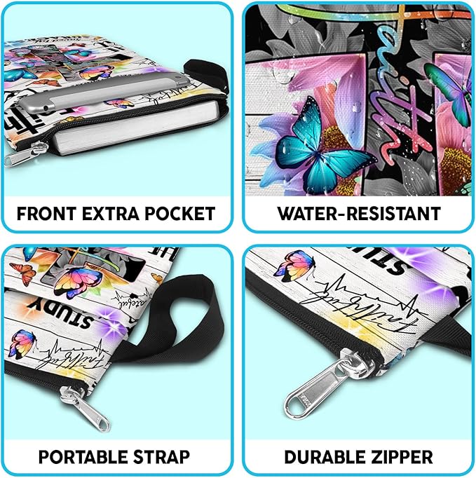 84hoods Book Sleeve With Zipper and Front Pocket. Christian Faith God Religious Gift. Bible Cover, Washable 11 X 8.5 Inch Padded. Gift for Book Lovers. Flowers and Butterflies.