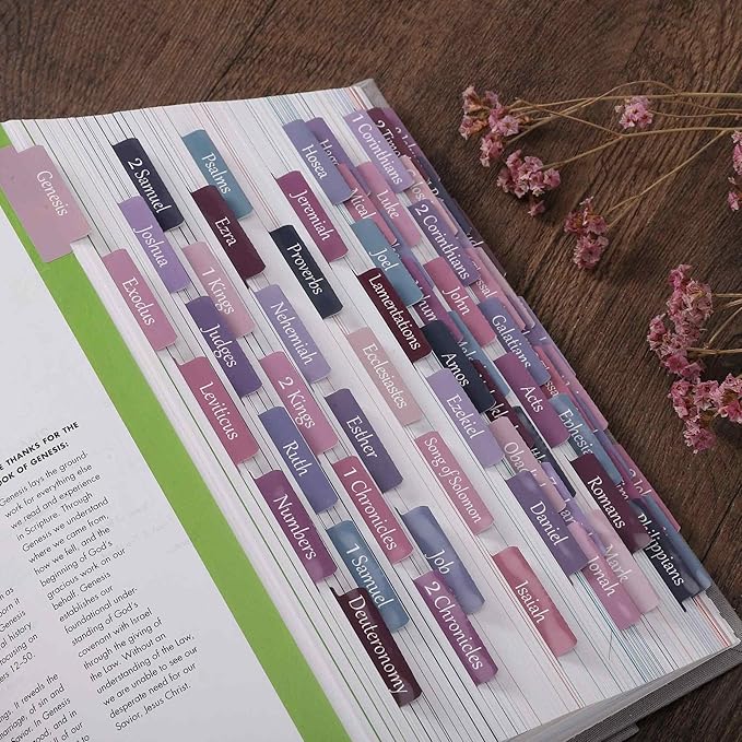 Thinkor Laminated & Repostion Bible Tabs, Large Print Christian Gift for Women and Men, Easy to Read and Apply Bible Journaling Tabs (Purple & Pink Print)