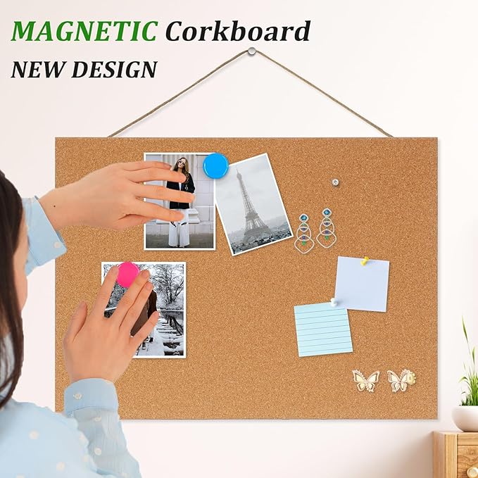 DOLLAR BOSS Magnetic Cork Board, 2 Pcs 16" x 12" Small Cork Bulletin Board 0.7" Thick Frameless Corkboards for Walls Pin Notice Board with 8 Magnets 10 Pushpins for Home Office Kitchen School Decor