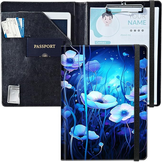 PU Leather Padfolio Clipboard Notepad with Pen Loop and Elastic Strap Interview/Resume Document Organizer for Business School Office,Blue Flowers