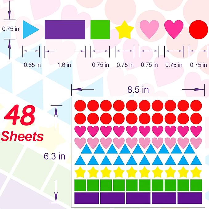 YSHIHE 4032 PCS Multi Shape Stickers 7 Colors 6 Shaped Stickers,Coding Labels,Dot Stickers for Toddlers Kid DIY Student Classroom Office(Round,Hearts,Stars,Triangle,Square,Rectangle)