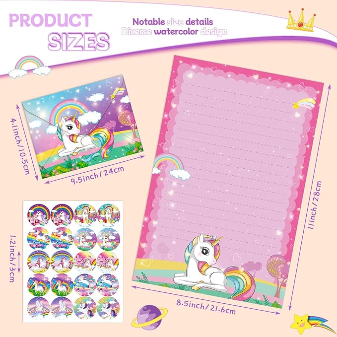 TaoBary 160 Packs Stationery Paper Set (50 Double Sided Stationery Writing Papers 50 Matching Envelopes) 60 Round Dot Sticker, 10 Design(Unicorn,8.5 x 11 Inch)