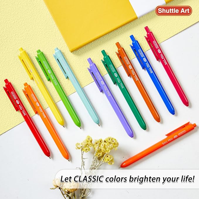 Shuttle Art Ballpoint Pens, 24 Pack Colored Retractable Black Ink Ball Point Pens, Cute Pens 1.0mm Medium Point Quick Drying for Writing Journaling Taking Notes School Office Home