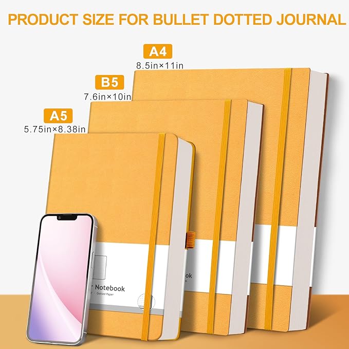 AHGXG Bullet Dotted Journal - 320 Pages Dot Grid Notebook B5 Large Journal, 7.6'' X 10'', 100gsm Thick Dotted Paper, Leather Softcover, with Journal Stencils, Inner Pocket - Yellow