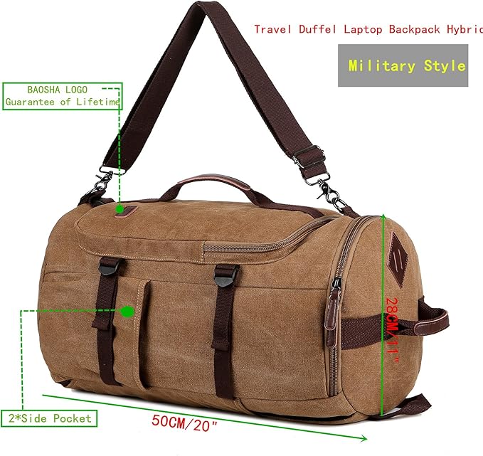 BAOSHA Canvas Weekender Travel Duffel Backpack Hybrid Hiking Rucksack Laptop Backpack for Outdoor Sports Gym HB-26(Coffee)