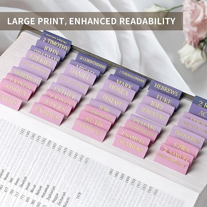 Bible Tabs for Women & Men, Laminated Bible Tabs for Study Bible, Large Print Bible Tabs for Easy Navigation, Bible Index Tabs, 66 Tabs Old & New Testament, Extra 9 Blank Tabs - Violet Ombre
