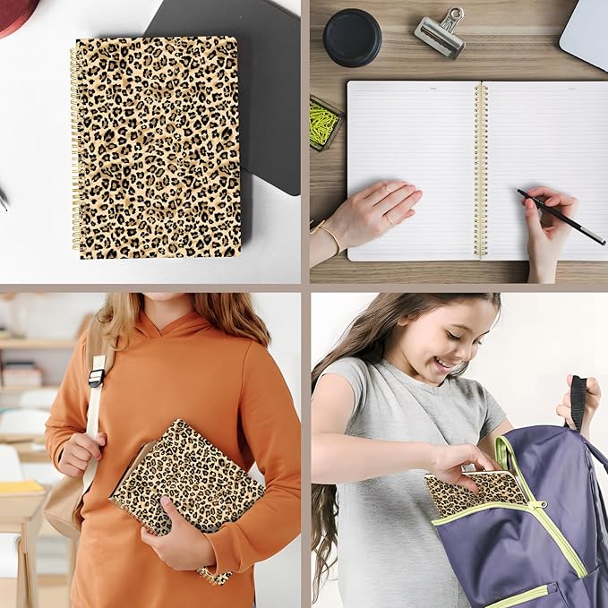 Cute Spiral Notebook journal A4 Aesthetic Pretty Design for Women Girls Kawaii with Pocket, 8.5 x 11 inch, Lined, Leopard