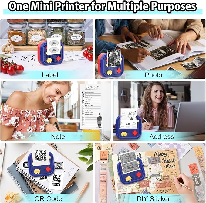 Mini Sticker Printer Building Block Bluetooth Smart Pocket Inkless Thermal Printer with 10 Rolls Paper,Colored Pen＆Sticker for iOS&Android,Portable Receipt Printer for Photo Journal Notes Memo