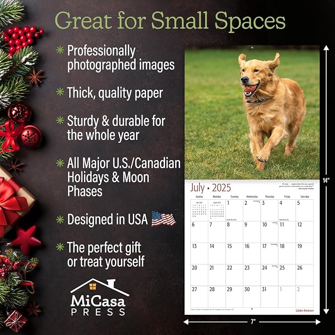 MICASA Golden Retrievers Mini 2025 Wall Calendar 12 Month | 7" x 14" Open | Thick & Sturdy Paper | Giftable | Calendar 2025