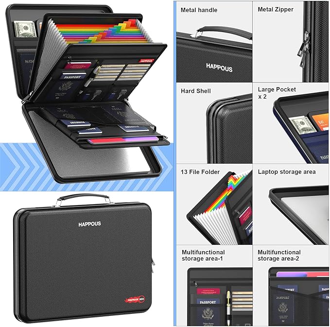 Fireproof File Folder, Expanding File Organizer with 13 Pockets, Portable Fireproof Document Box Hard-Shell Document Organizer Storage for Documents Laptop Passports Cards Black