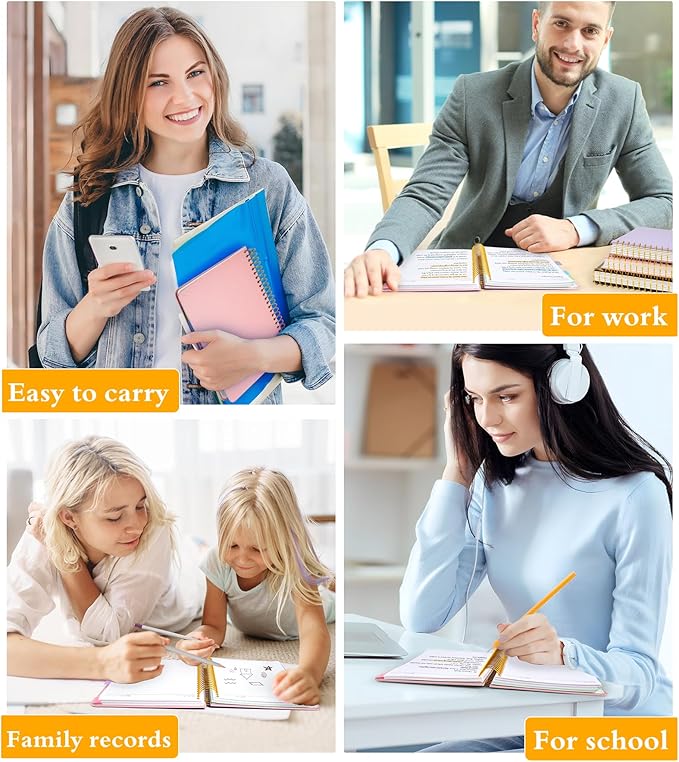 5 Subject Notebook College Ruled with Removable Pocket Dividers Tabs, 240 Pages Spiral Notebook 8.5 x 11, Lined Journal Notebook for Women , Hardcover Notebooks for Work School Note taking A4 Pink