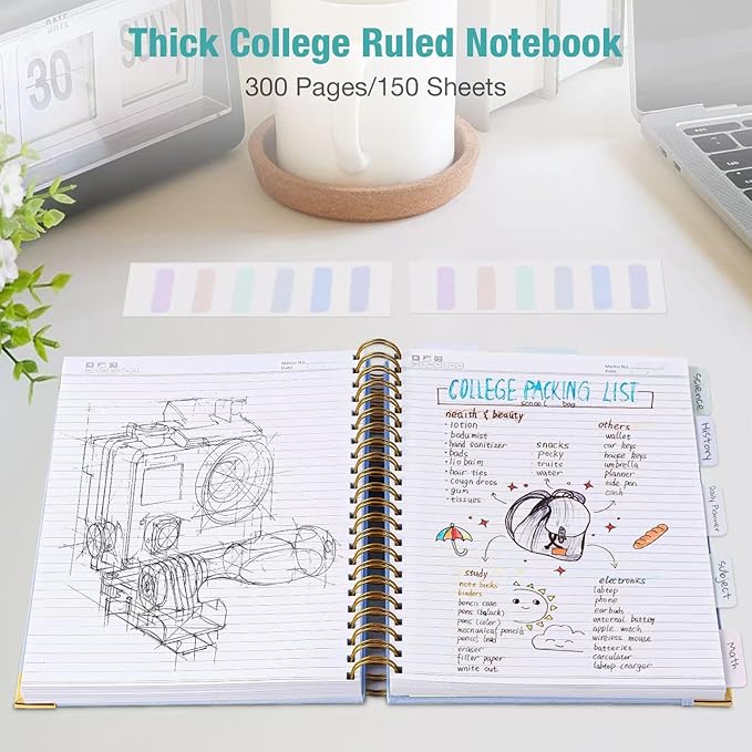 Spiral Notebook, College Ruled Notebook, 8" x 10", 300 Pages Leather Journals for Writing, B5 Hardcover Journaling Notebooks for Work School, 24pcs Tabs, Large Embossed Journal for Women Men, Black