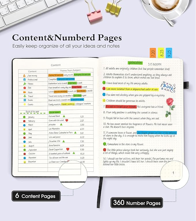 Dotted Journal Notebook, 360 Numbered Pages Bullet Dot Grid Journals, 100gsm Dot Paper Thick Hardcover Leather Journal for Writing Women Men, B5 Dotted Grid Notebooks for Work 7.6'' X 10'' Black