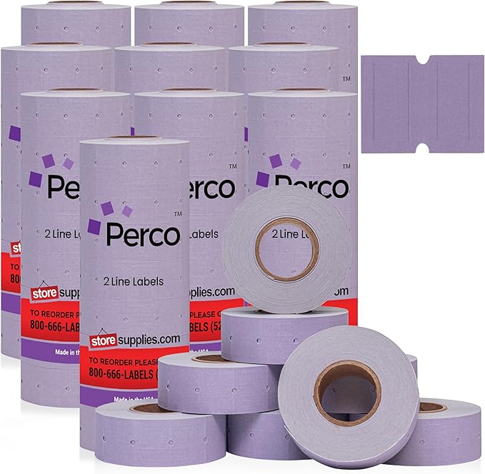 Perco 2 Line Lavender Labels - 80 Rolls, 10 Sleeves, 80,000 Blank Price and Date Gun Labels for Perco 2 Line Price and Date Guns - Made in USA