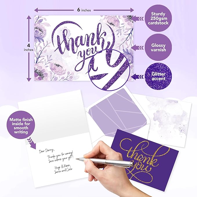 Decorably 24 Pack Glittery 6x4in Purple Thank You Cards with Envelopes and Stickers, 6 Elegant Designs Purple Thank You Notes, Blank Inside - Wedding, Baby Shower