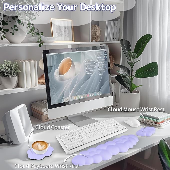 Cloud Wrist Rest Keyboard, Cloud Palm Rest Set with PU Leather Memory Foam, Cute Keyboard Rest for Wrist Support and Arm Rest, Desk Cloud Wrist Pad for PC/Gaming/Hand Cushion/Computer-Purple