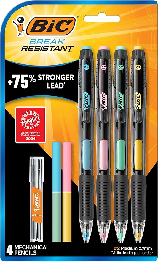 BIC Break Resistant Mechanical Pencils with Erasers, No. 2 Medium Point (0.7mm), 4-Count Pack Pencils for School or Office Supplies, Lead and Eraser Refills