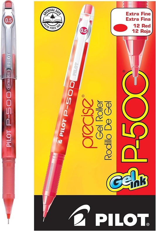 Pilot, Precise P-500 Gel Ink Rolling Ball Stick Pens, Marbled Barrel, Extra Fine Point 0.5 mm, Red, Pack of 12