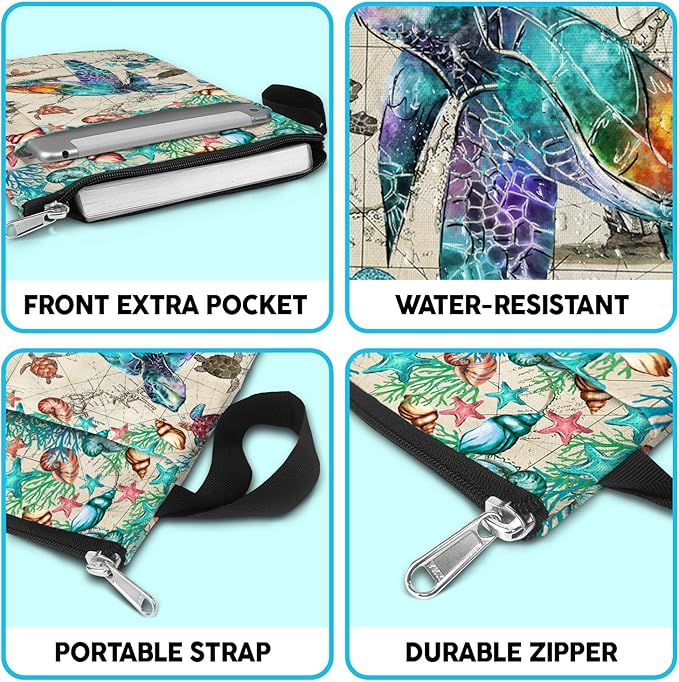 Vintage Map Book Cover Bag with Zipper and Front Pocket. Washable Fabric 11 X 8.5 Inch Book Sleeve Pouch for Paperbacks. Gift for Turtle and Book Lovers