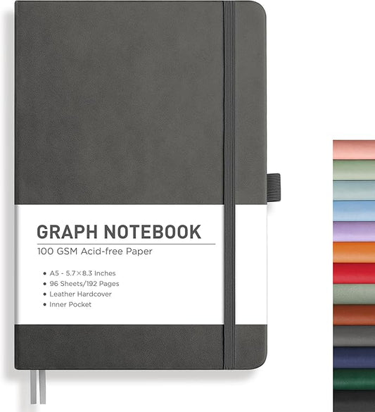 RETTACY Graph Paper Notebook, A5 Grid Notebook Journal with 192 Pages, 5.7'' × 8.3'', Medium Size, Leather Hardcover, 100 GSM Thick Paper, for Students, Homework, Math, Engineering (Gray)