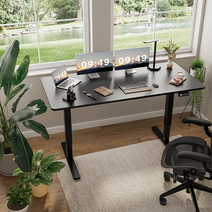 Furmax Electric Height Adjustable Standing Desk Large 63 x 24 Inches Sit Stand up Desk Home Office Computer Desk Memory Preset with T-Shaped Metal Bracket, Black