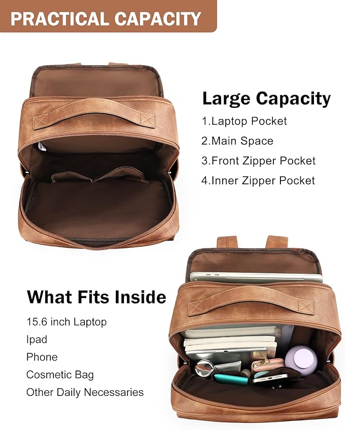 MASINTOR 15.6 inch PU Leather Laptop Backpack Purse for Women, Large College Casual Backpack Travel Bag Mocha Brown