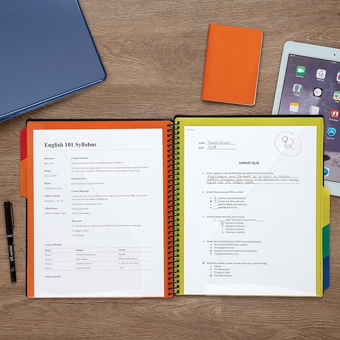 Samsill 10 Pocket Poly Organizer with 5 Dividers,File Folders Letter Size,Customizable Front Cover,Inner Zipper Pouch,Erasable Write-On Tabs in Assorted Colors,Plastic Folder with Pockets