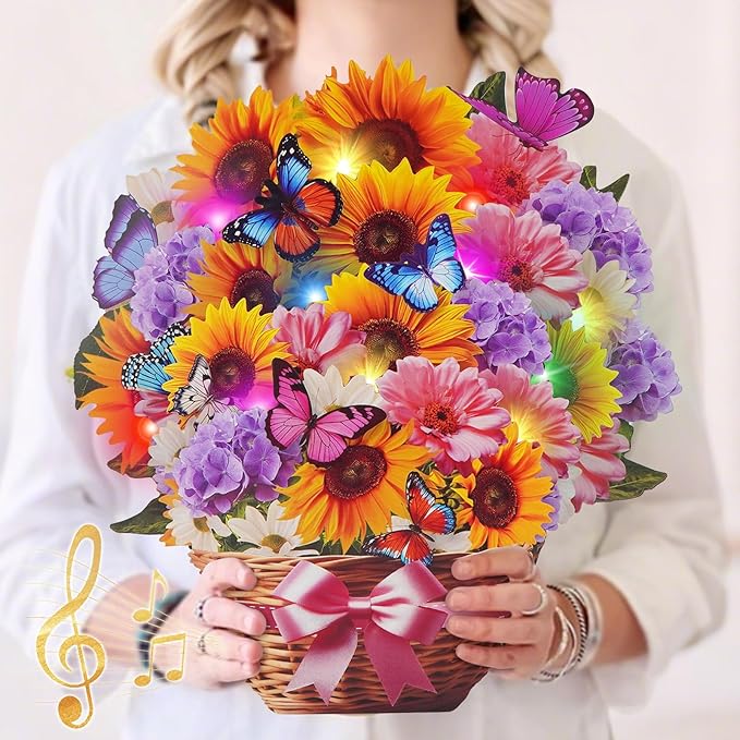 Flower Bouquet Birthday Cards with MUSIC & LIGHTS, 3D Pop Up Greeting Cards, 12 Inch Life Sized Sunflower Butterfly Mothers Day Cards for Mom Women Sister Daughter Grandma