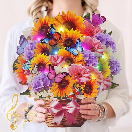 Flower Bouquet Birthday Cards with MUSIC & LIGHTS, 3D Pop Up Greeting Cards, 12 Inch Life Sized Sunflower Butterfly Mothers Day Cards for Mom Women Sister Daughter Grandma