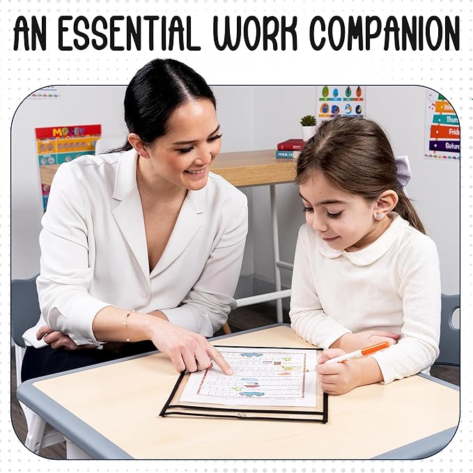 30 Pack, Black, Dry Erase Pocket Document Protectors, 10" Wide x 13.5" Tall - Dry Erase Clear Plastic Sleeves - Reusable & Easy Erase Plastic Invoice Holders, Water-Resistant & Durable