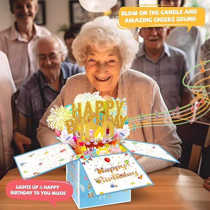Tnvee 100TH Birthday Cards with Lights & Music & Candle, 3D Pop Up Singing Happy Birthday Greeting Cards Gfits for 100 Years Old Women Man Mom Dad Grandma Grandfa