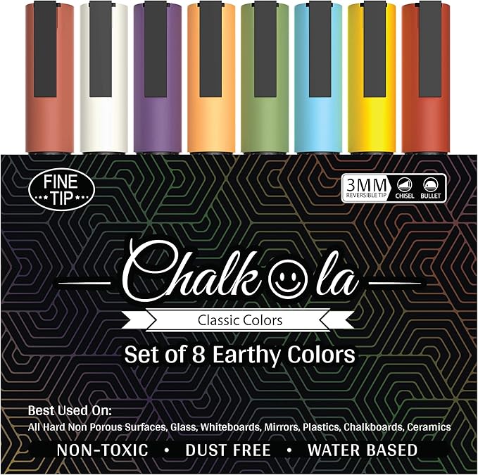 Fine Tip Chalkboard Chalk Markers (8 Pack 3mm) Classic Earth Color Ink - Erasable Dry Erase Marker Pens for Blackboards, Bistro, Window | 3mm Reversible Bullet & Chisel Point