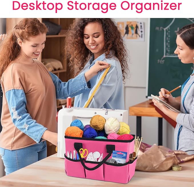 Godery Desktop Tote and Stock Organize, Teacher Helper Tote Bag Organization for Arts, Books, Stationery, etc, and Office Desk Organize, Make-up Storage Tote with Handles for Travel (PINK)