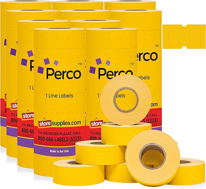 Perco 1 Line Yellow Labels - 80 Rolls, 10 Sleeves, 80,000 Blank Price and Date Gun Labels for Perco 1 Line Price and Date Guns - Made in USA