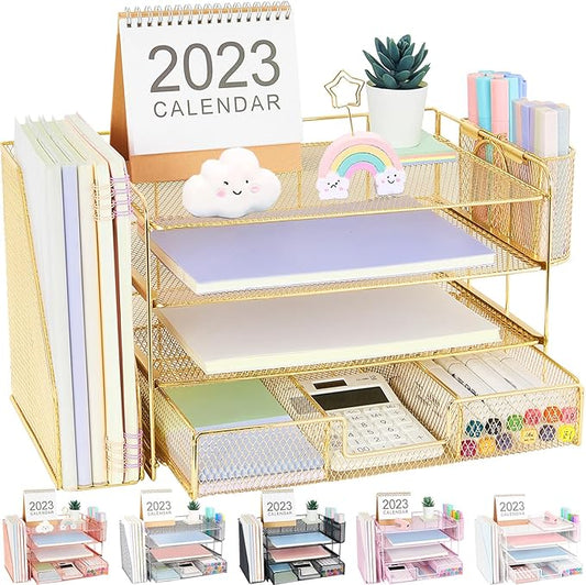 Desk Organizers and Accessories, Desk Accessories & Workspace Organizers for Office Supplies, File Organizer Desk Drawer Organizer with 2 Pen Holders, 4 Tier Paper Organizer for Desk (Gold)