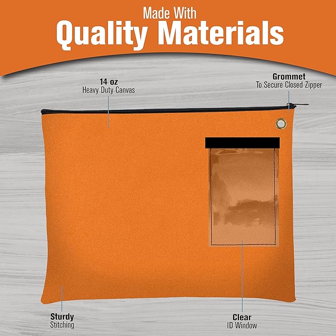 BankSupplies Canvas Interoffice Mailer, 14 oz. - 14W x 11H - Orange - Transit Bag - Large Zipper Bag with Grommet - Use with Padlock or Zip Tie for Security - Interoffice Mail Bag