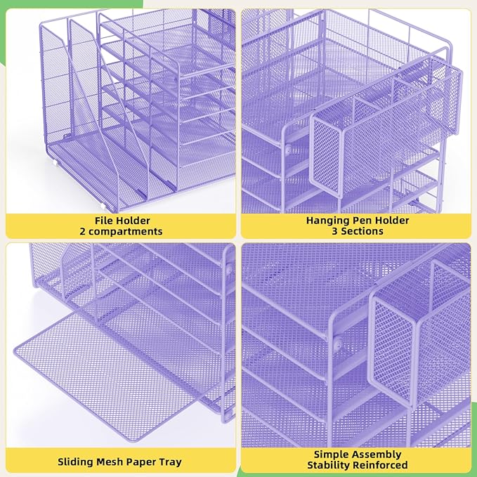 File Organizer for Desk 6 Tier Paper Organizer Letter Tray with File Holder Pen Holder, Mesh Office Desk Accessories & Workspace Organizers (Purple)