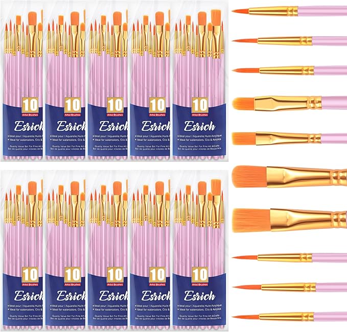 ESRICH Acrylic Paint Brushes Set, 10 Packs/ 100 Pcs Watercolor Brushes,Nylon Brush Head, for Oil Painting, Gouache, Face,Ceramics etc, Kid's and Adults Painting Arts and Crafts Paint Sets.