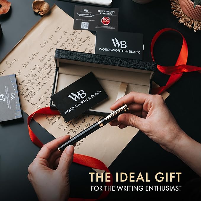 Wordsworth & Black Fountain Pen Set, 18K Gilded Broad Nib, Includes 24 Pack Ink Cartridges, Ink Refill Converter & Gift Box, Gold Finish, Calligraphy, [Black Gold], Perfect for Men & Women