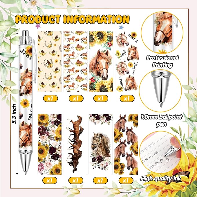 Ireer 8 Pcs Ballpoint Pens for Women 1.00 mm Cute Black Ink Fancy Pens Fine Point Smooth Writing for Journaling Aesthetic Office Supplies(Horse)